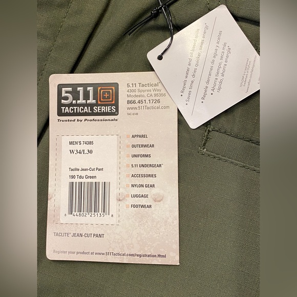 NEW 5.11 Taclite Jean-Cut Pants, Men’s 34 Waist 30 Inseam, Color - Green - Picture 6 of 9